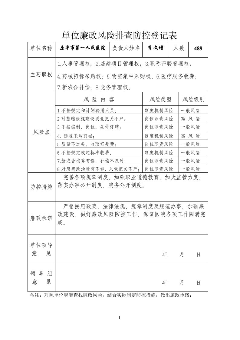 单位廉政风险排查防控登记表