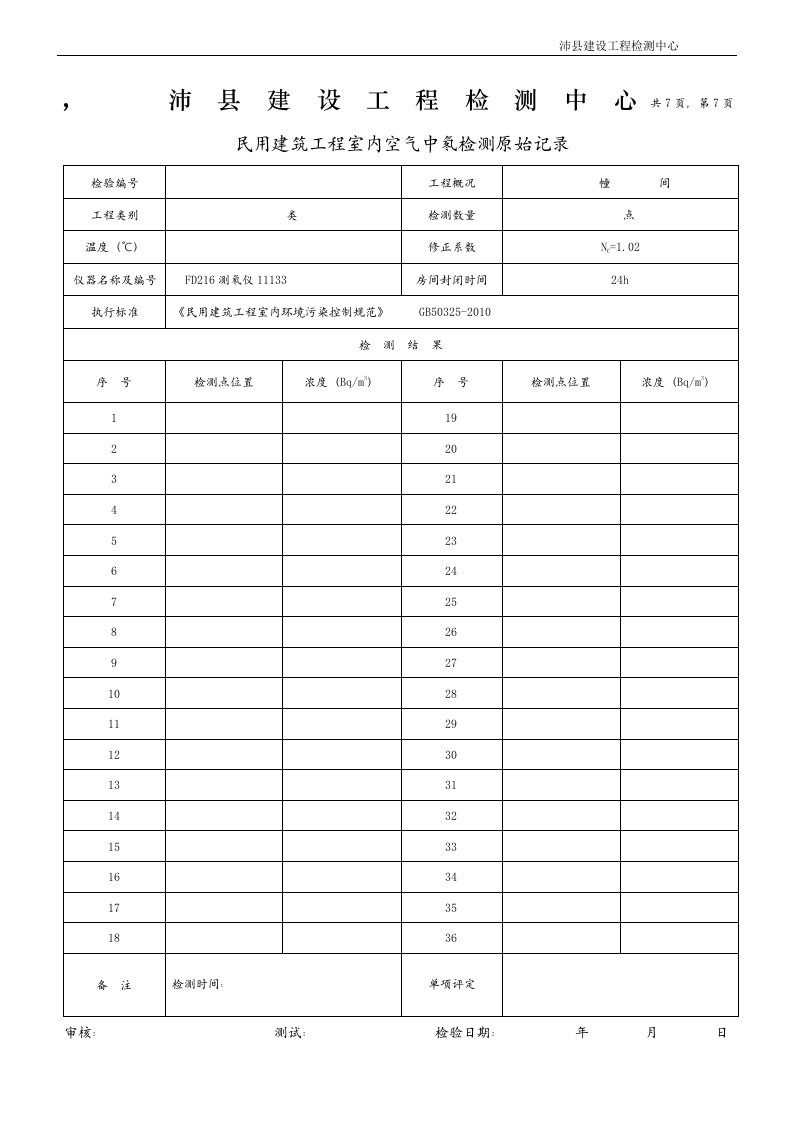 环境监测原始记录4室内空气（氡）原始记录