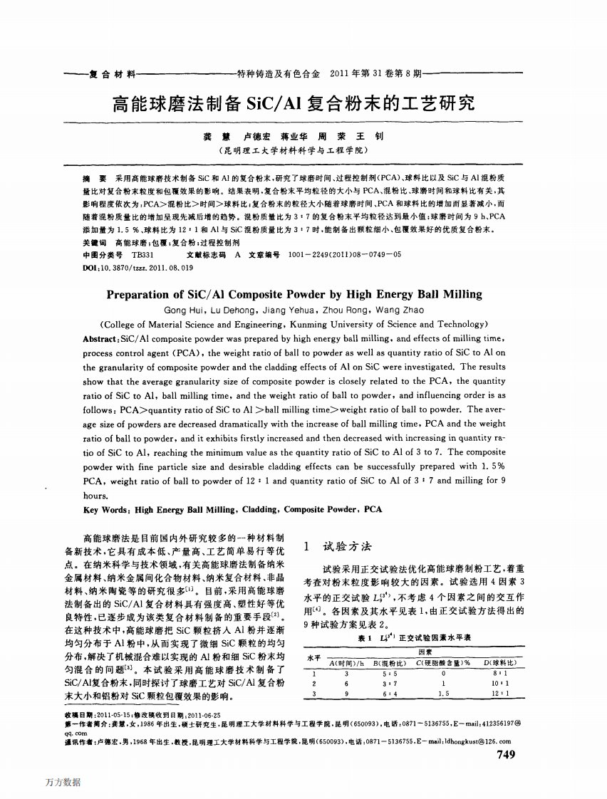 高能球磨法制备SiCAl复合粉末的工艺研究