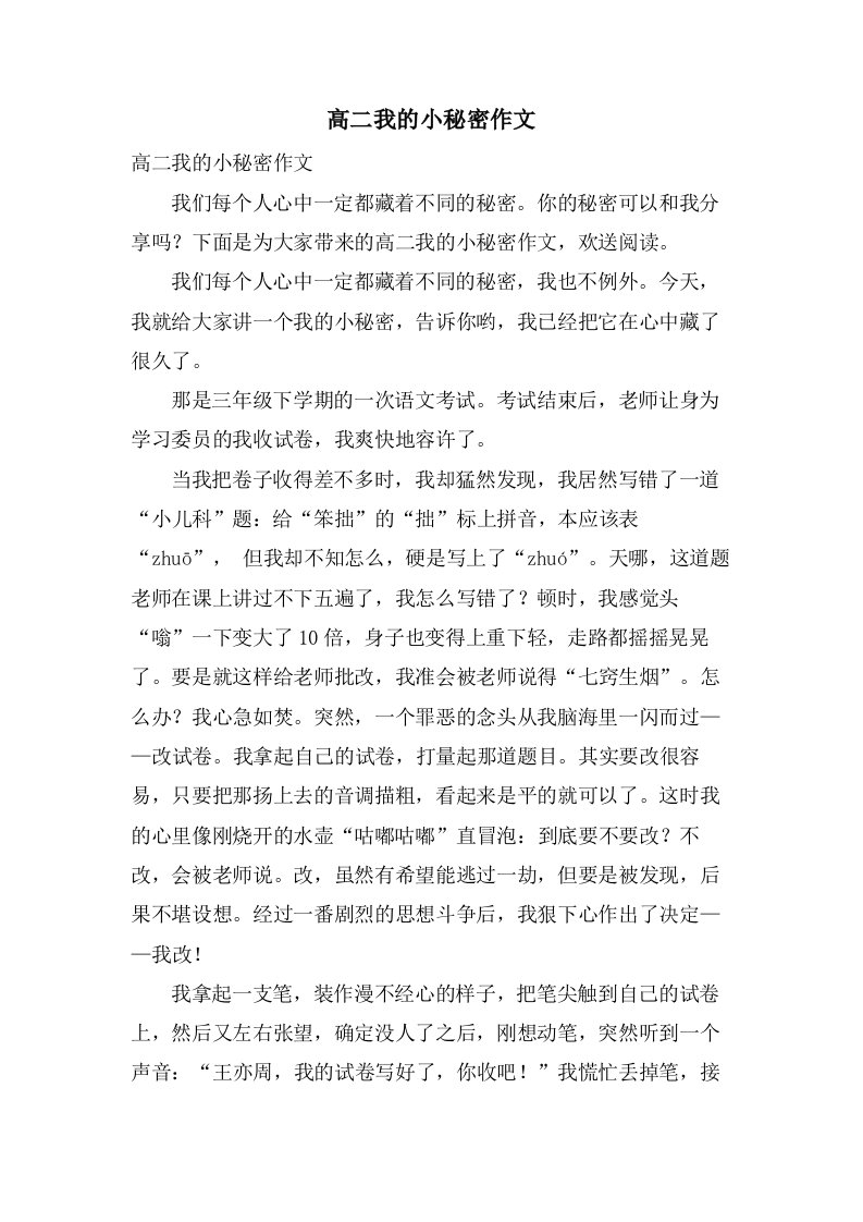 高二我的小秘密作文