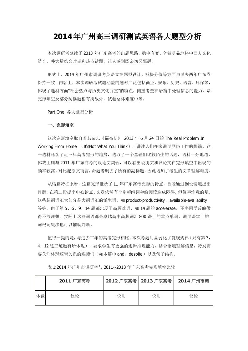 2014年广州高三调研测试英语各大题型分析