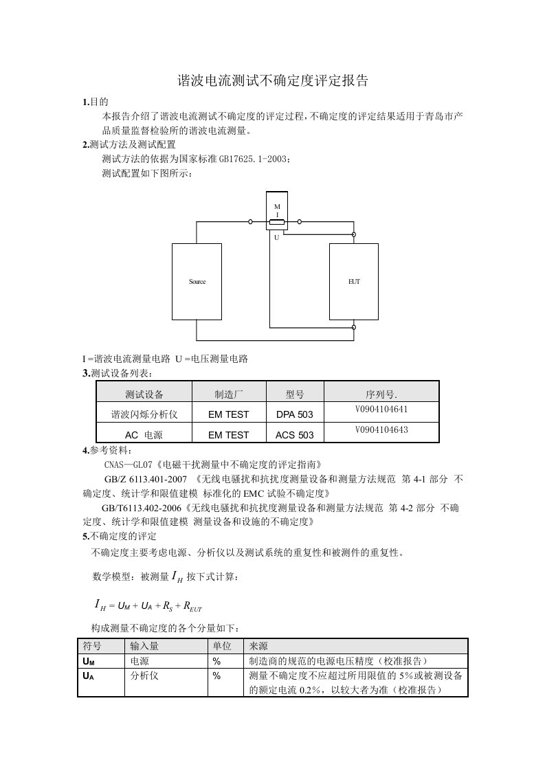 谐波电流测试不确定度评定报告