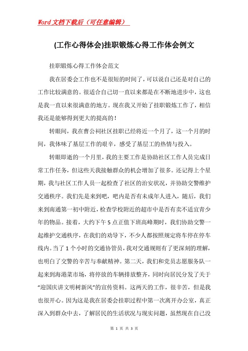 工作心得体会挂职锻炼心得工作体会例文