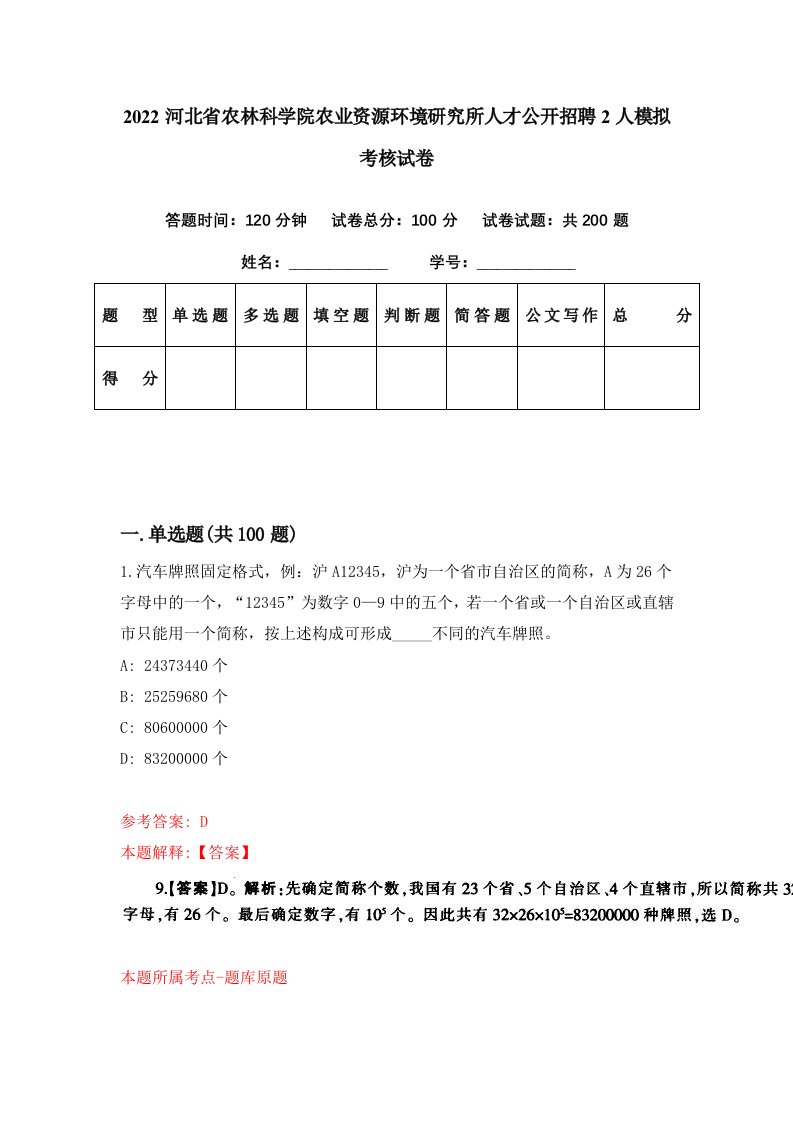 2022河北省农林科学院农业资源环境研究所人才公开招聘2人模拟考核试卷1