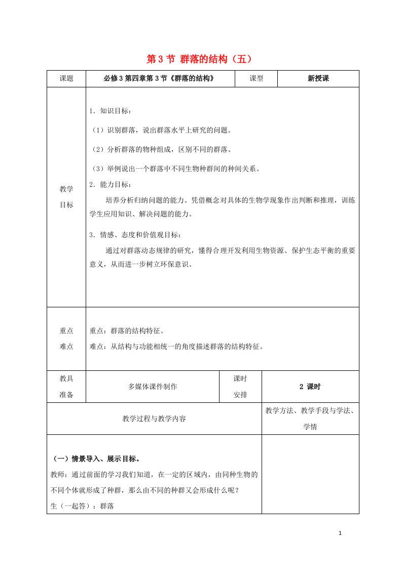 2021_2022年高中生物第四章种群和群落第3节群落的结构五教案新人教版必修3