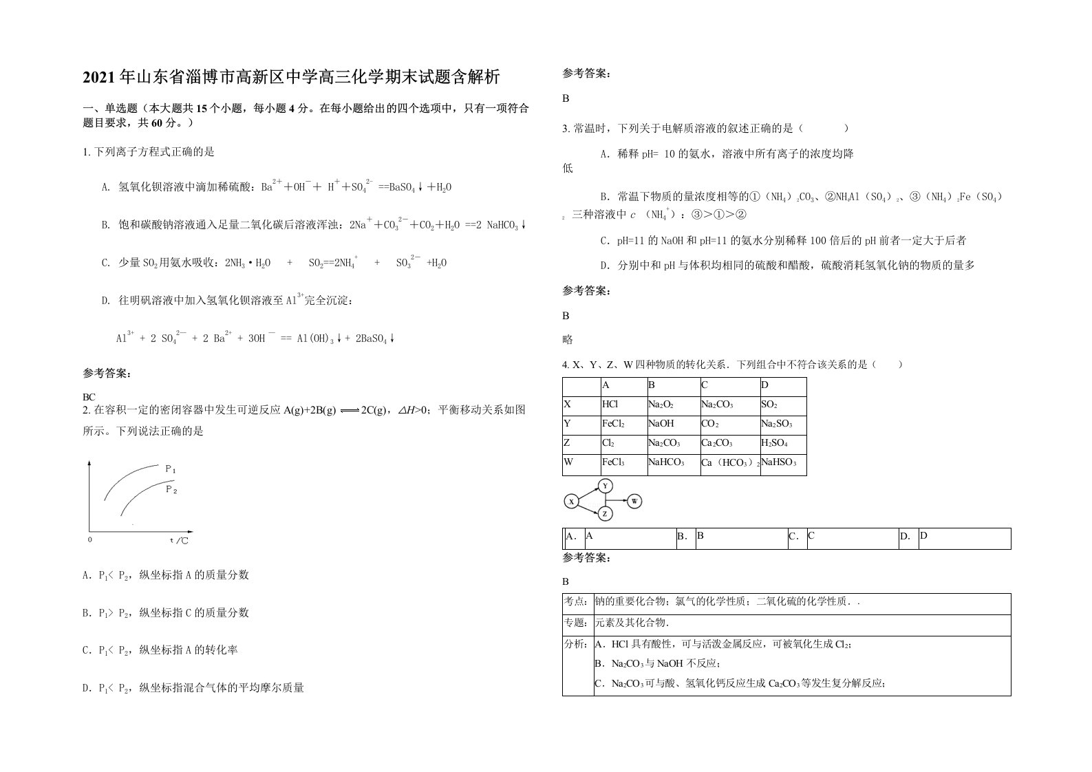 2021年山东省淄博市高新区中学高三化学期末试题含解析