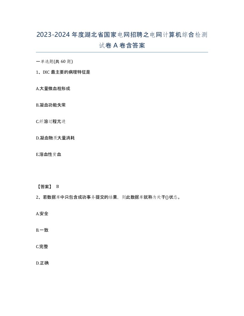 2023-2024年度湖北省国家电网招聘之电网计算机综合检测试卷A卷含答案