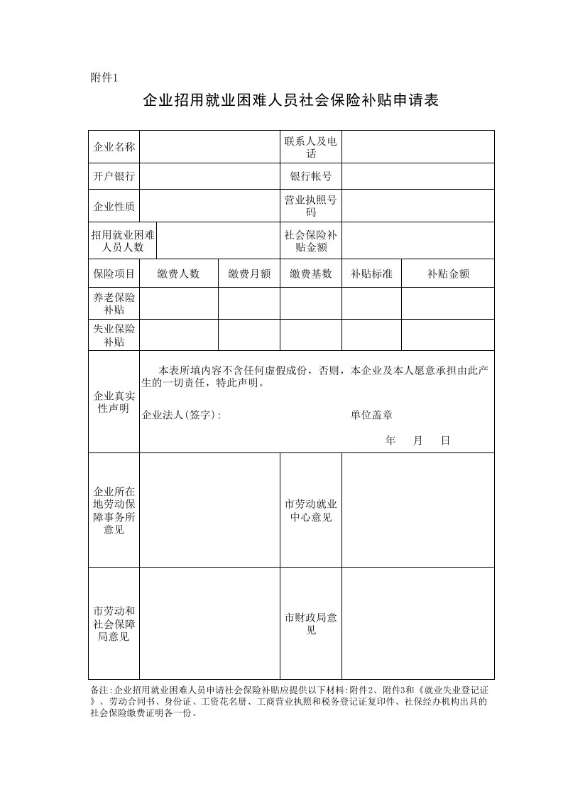 企业招用就业困难人员社会保险补贴申请表