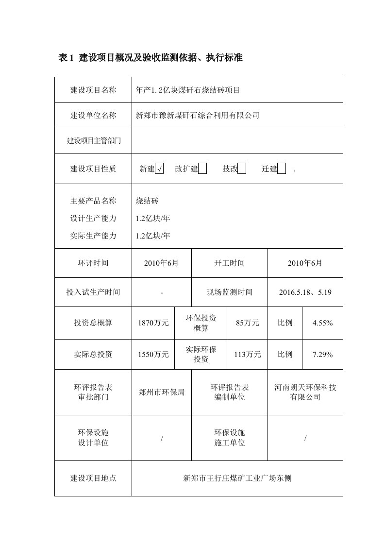 年产2亿块煤矸石烧结砖项目建设项目概况及验收监测依据、执行标准