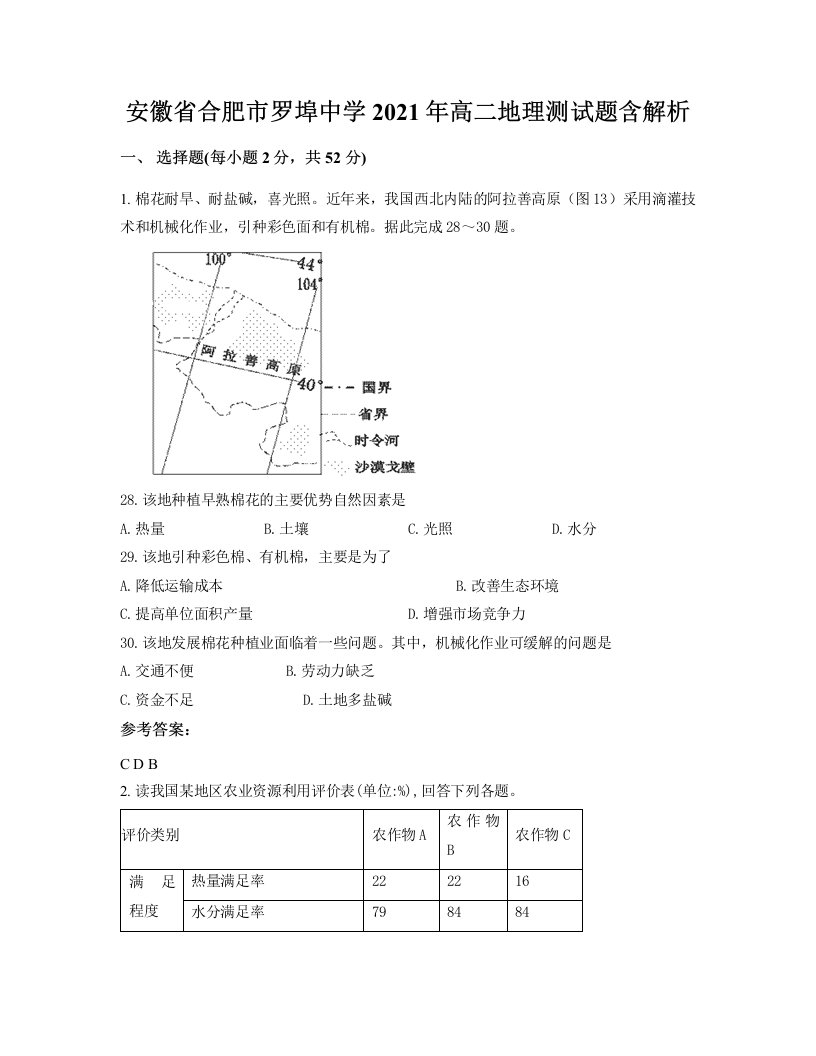 安徽省合肥市罗埠中学2021年高二地理测试题含解析