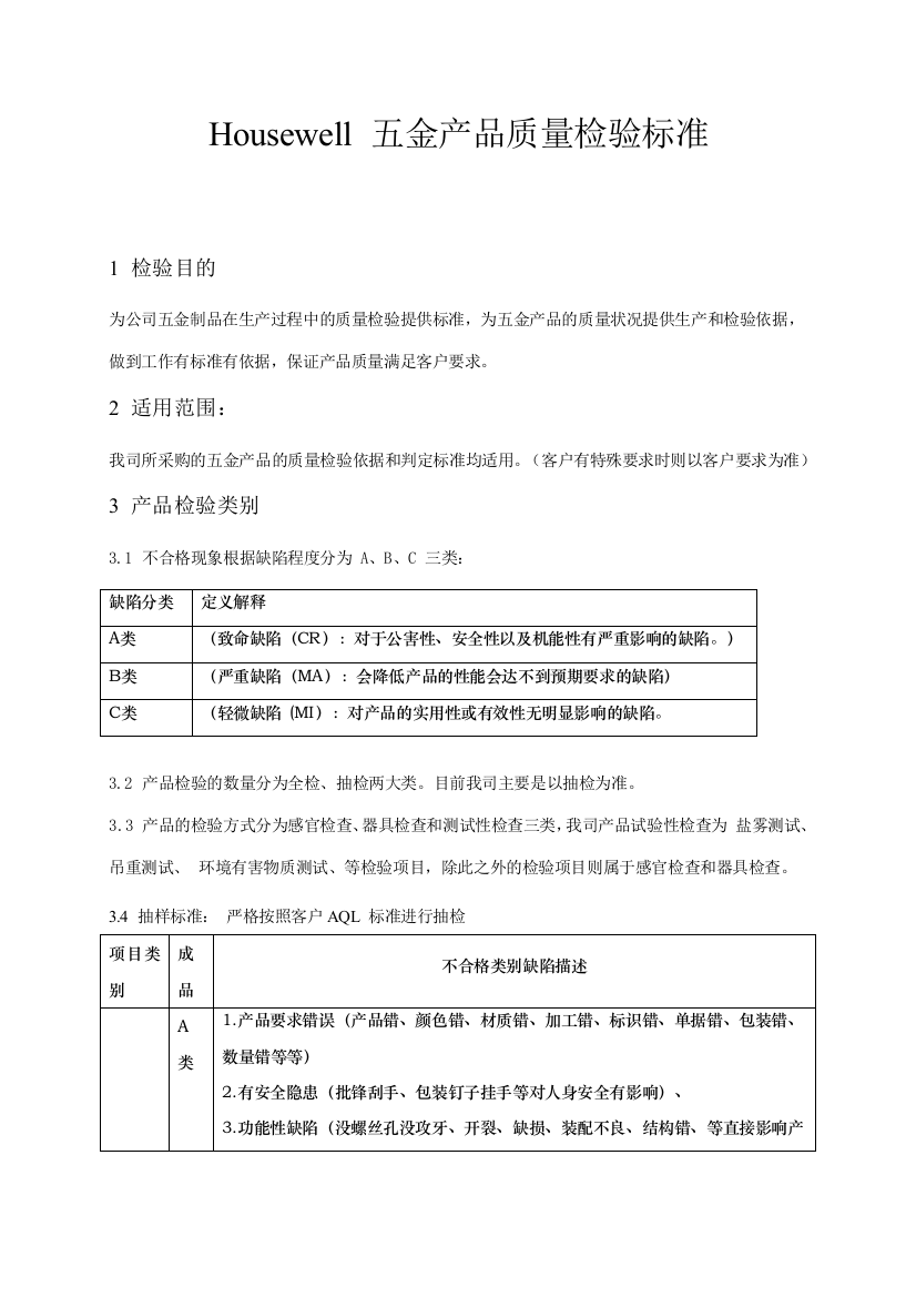 家具五金配件质量检验标准