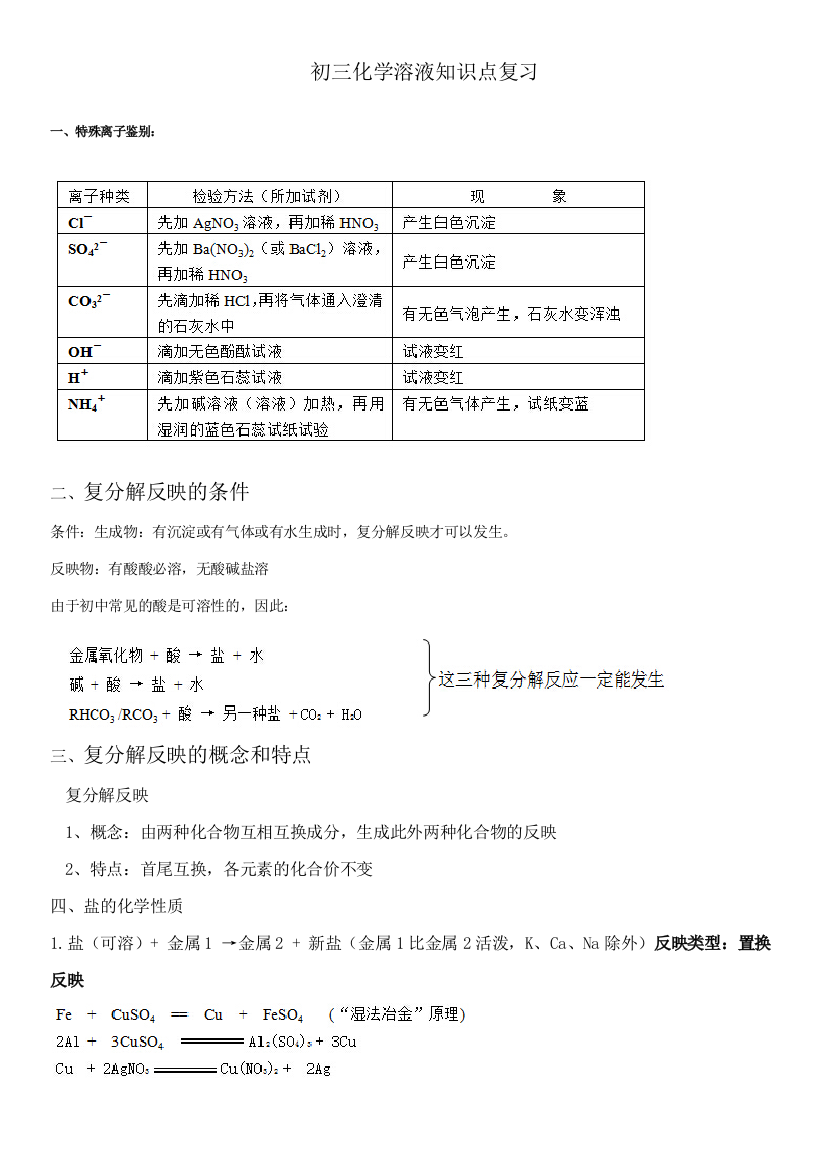 2023年初三化学溶液知识点复习