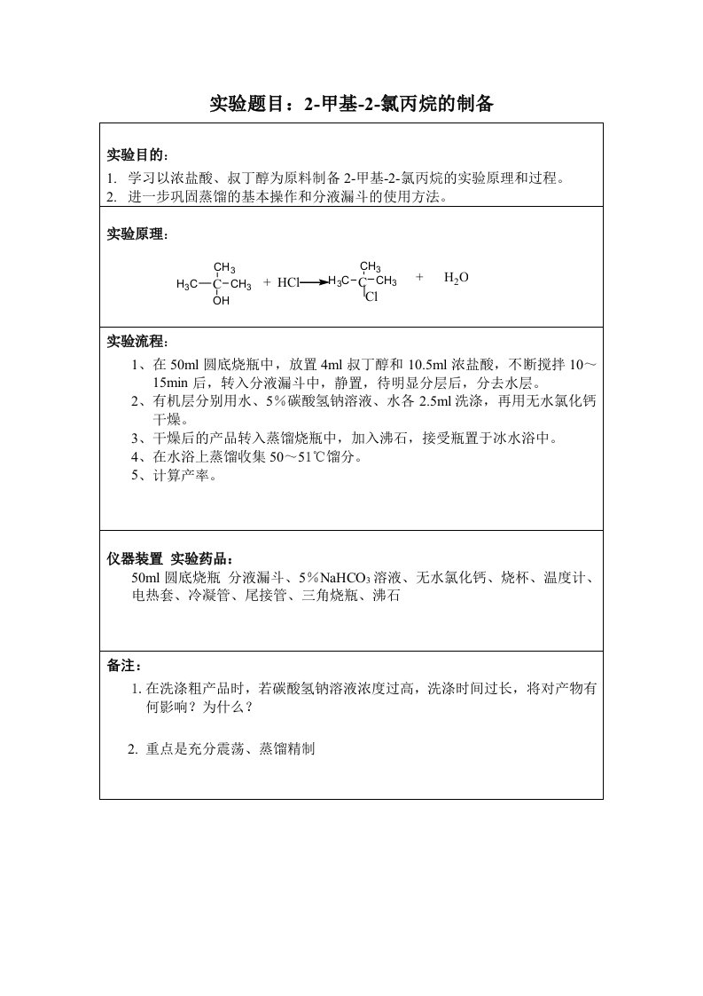 实验题目2-甲基-2-氯丙烷的制备