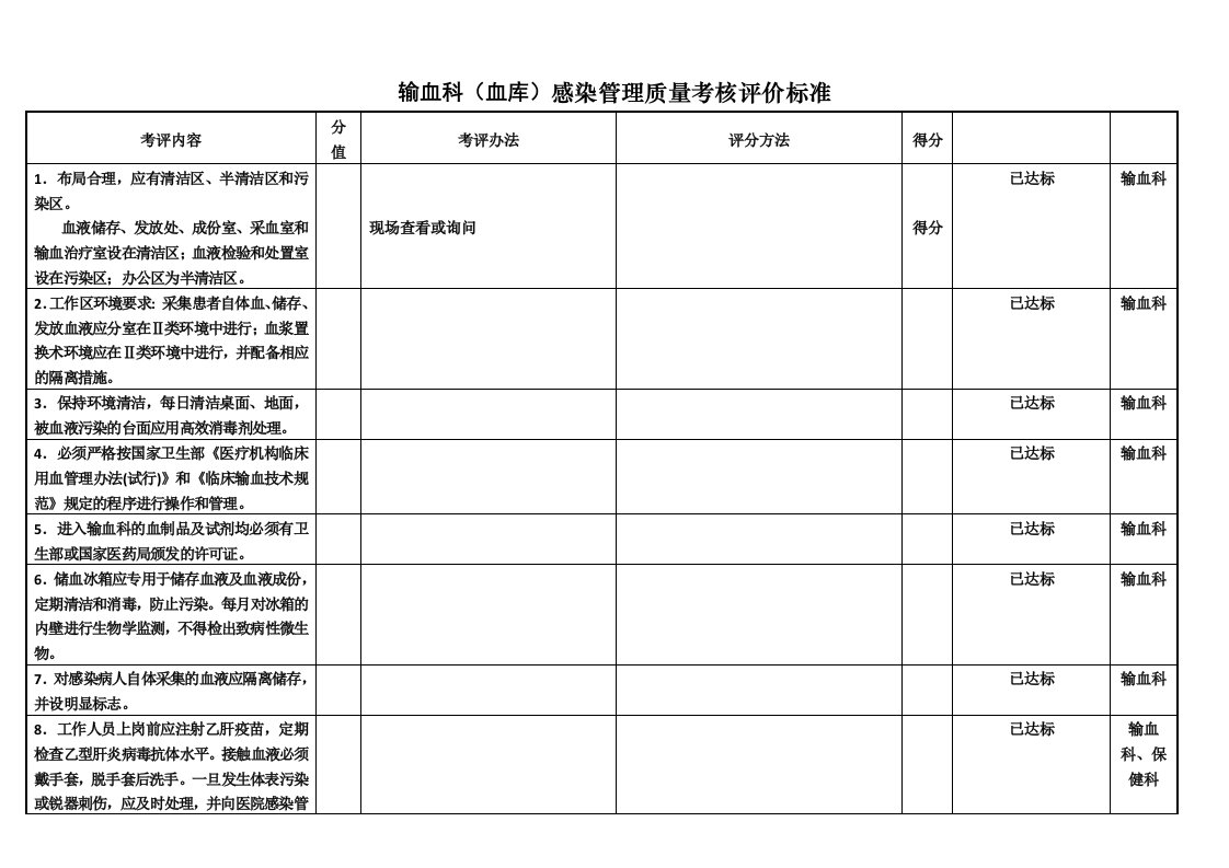 医院输血科（血库）和检验科及临床实验室感染管理质量考核评价标准