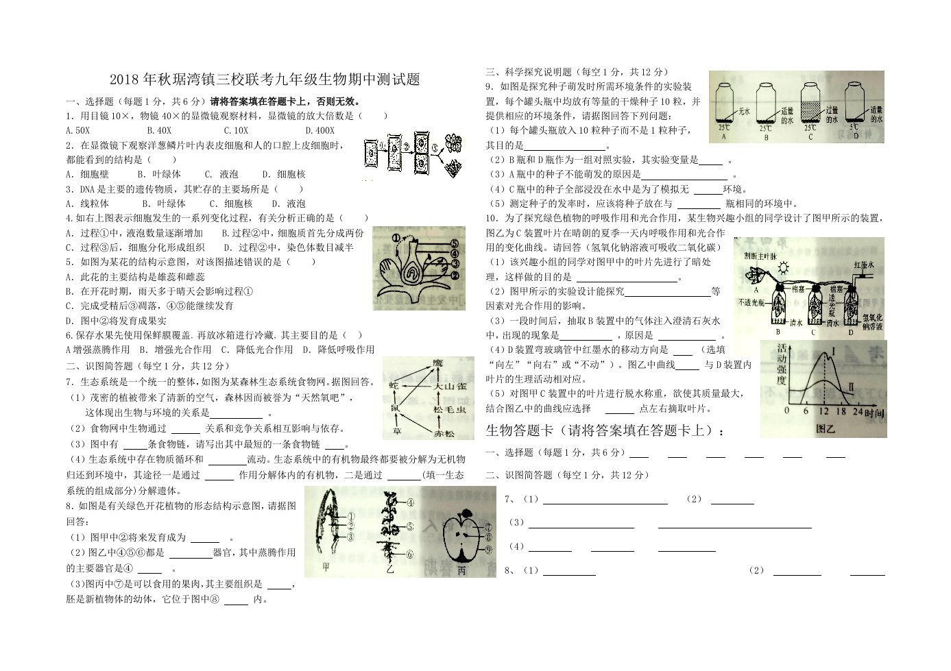 第一学期九年级生物期中试题