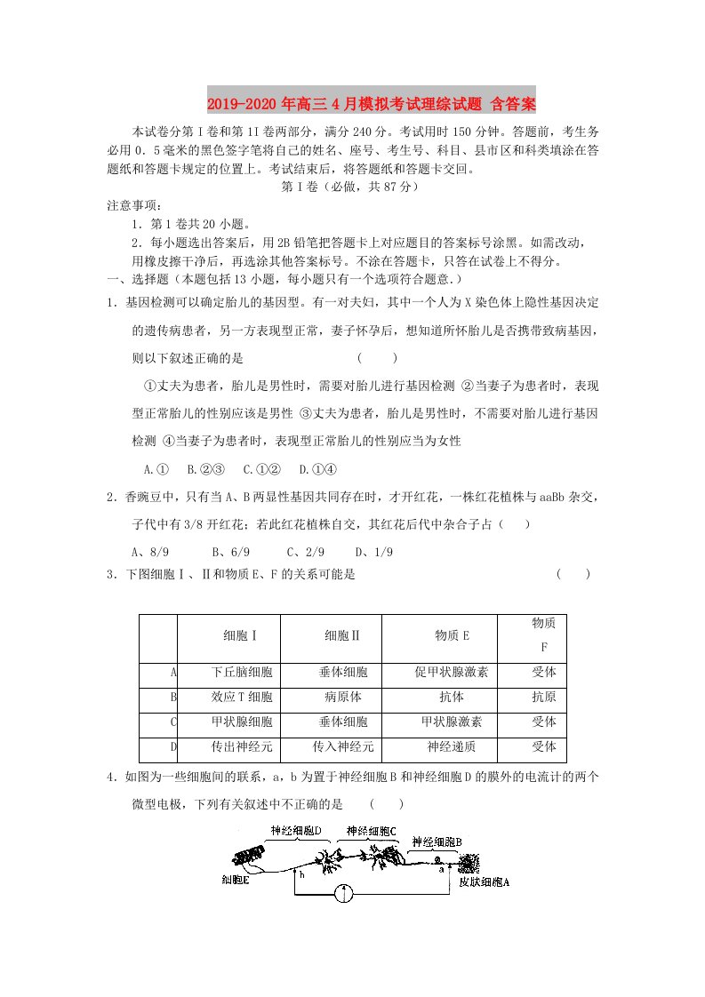 2019-2020年高三4月模拟考试理综试题