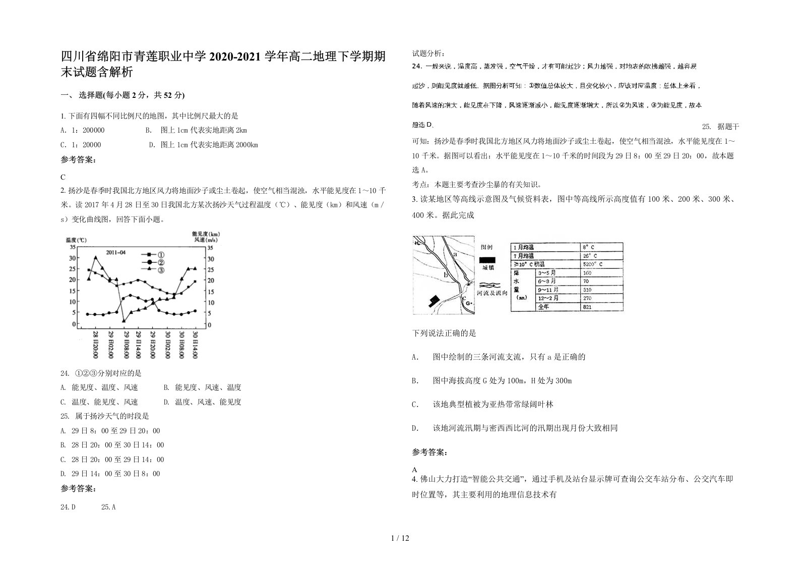 四川省绵阳市青莲职业中学2020-2021学年高二地理下学期期末试题含解析