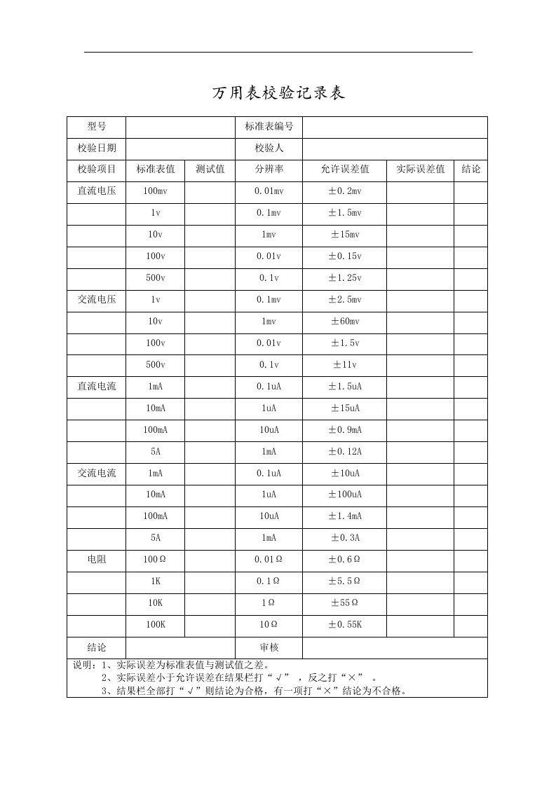 万用表校验记录表