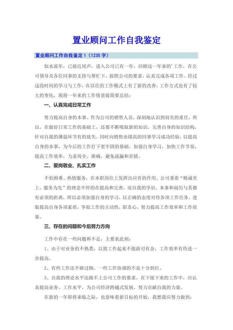 置业顾问工作自我鉴定