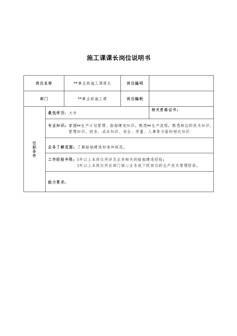 广船国际事业部施工科科长岗位说明书