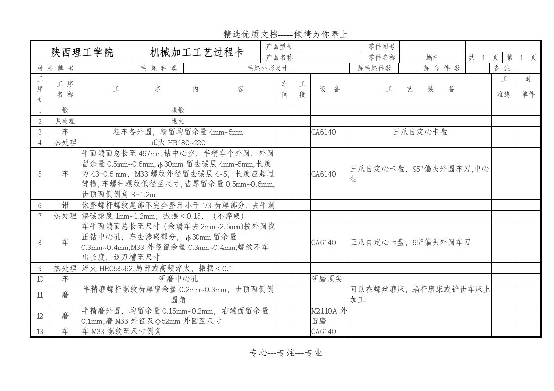 蜗杆加工工艺卡(共2页)