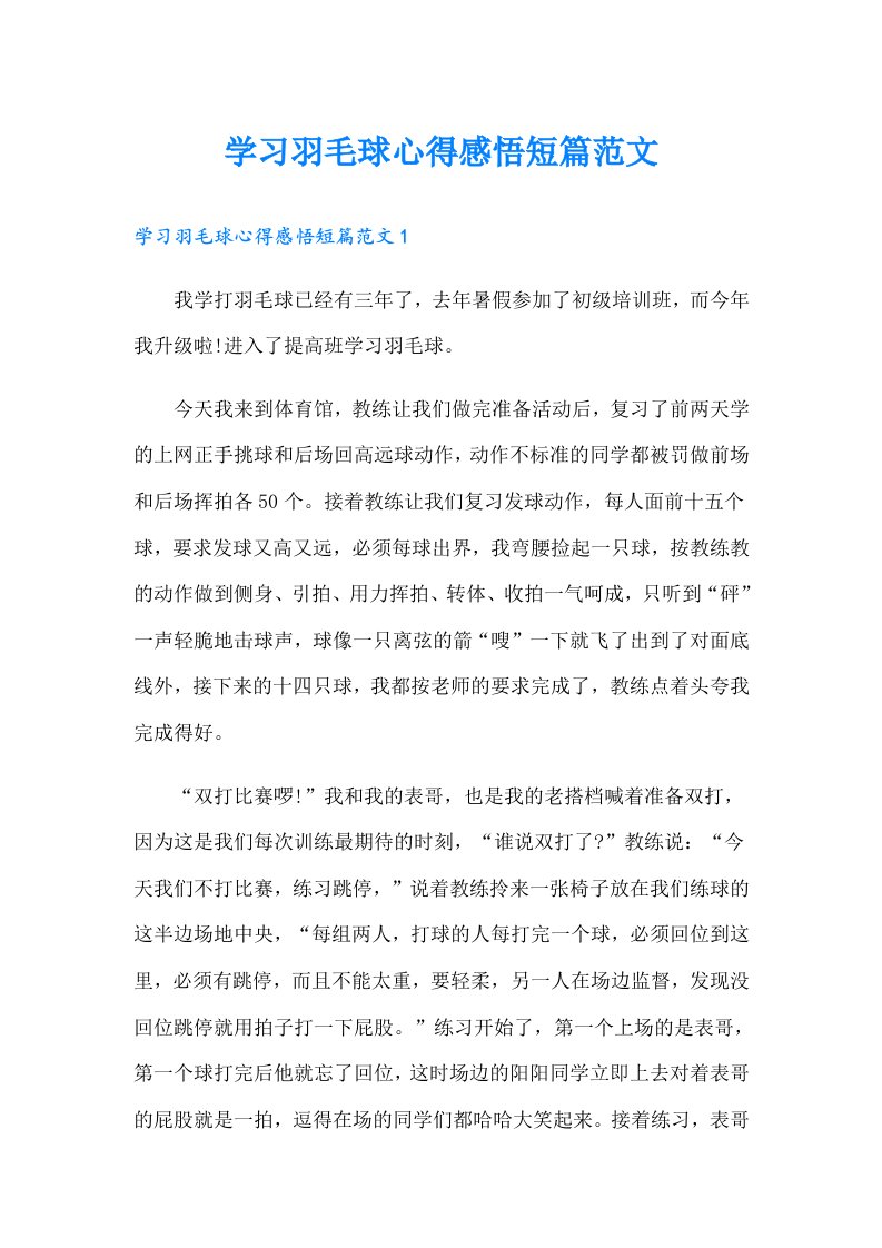 学习羽毛球心得感悟短篇范文