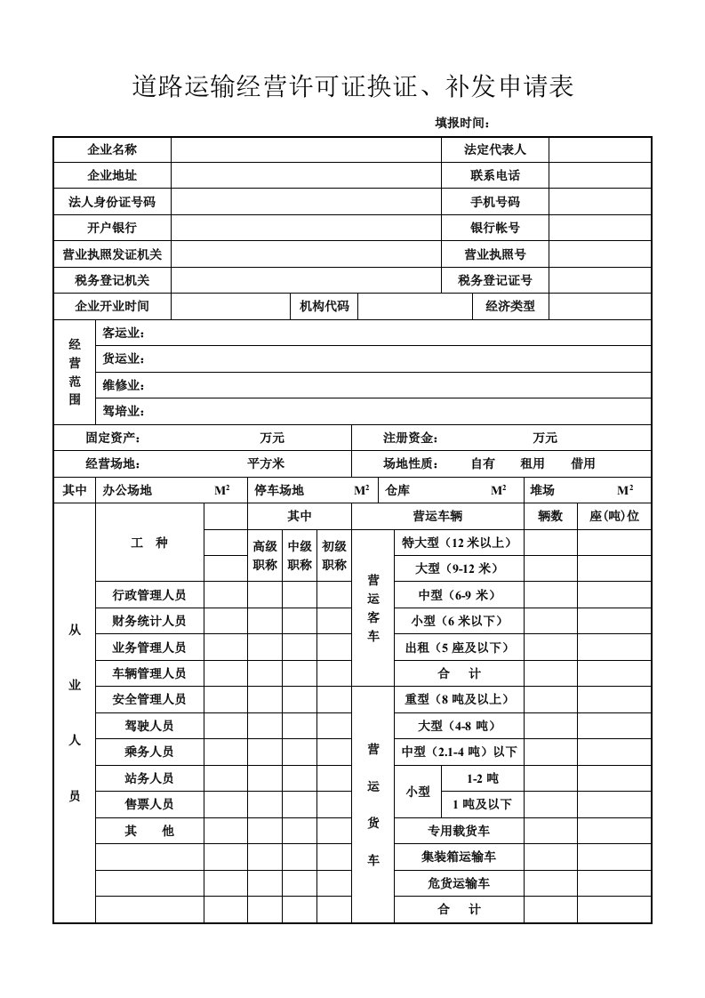 道路运输经营许可证换证、补发申请表