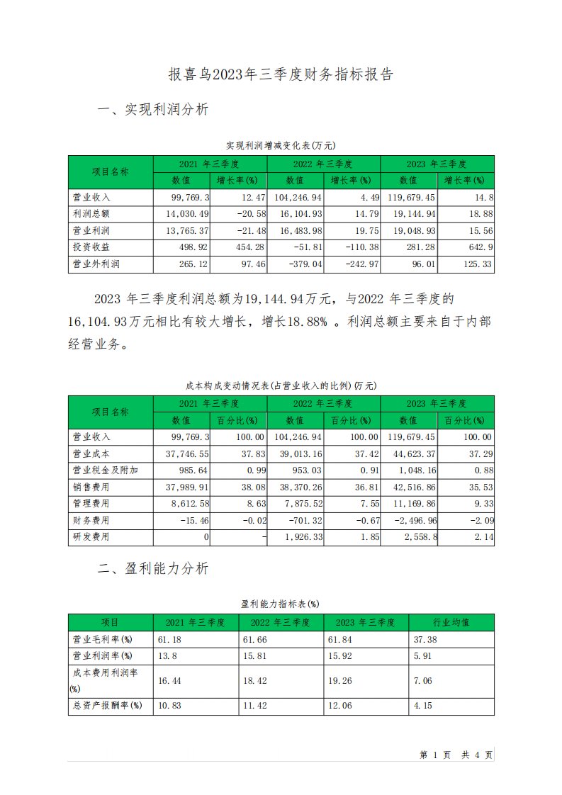 002154报喜鸟2023年三季度财务指标报告