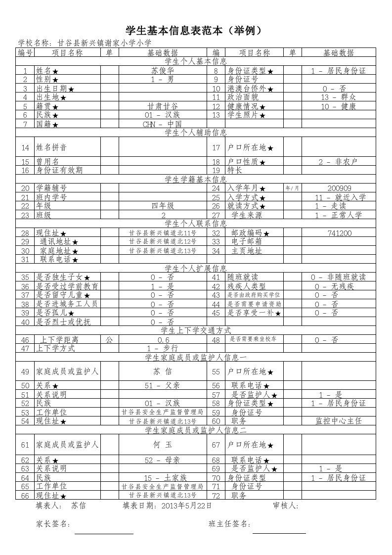 学生基本信息表填写范本