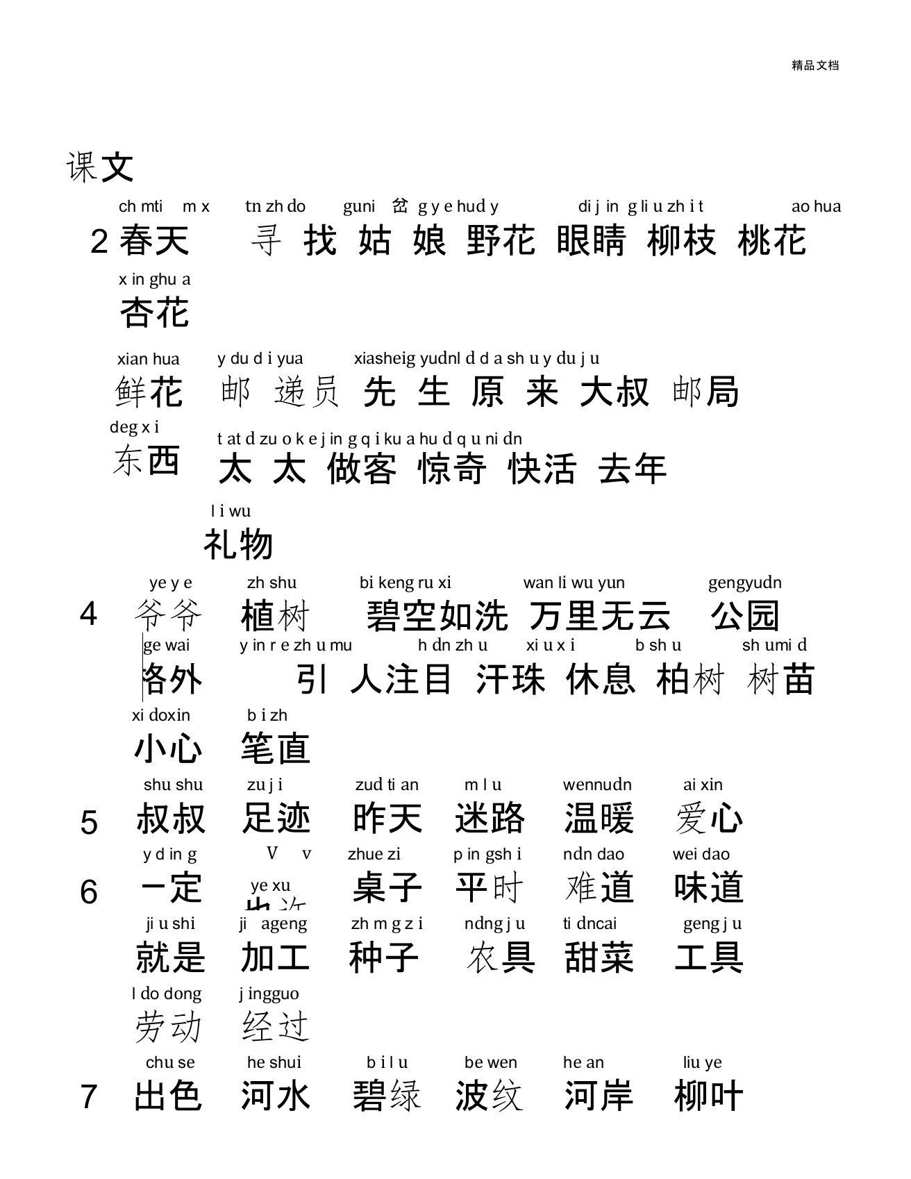 部编版二年级语文下册词语表拼音版