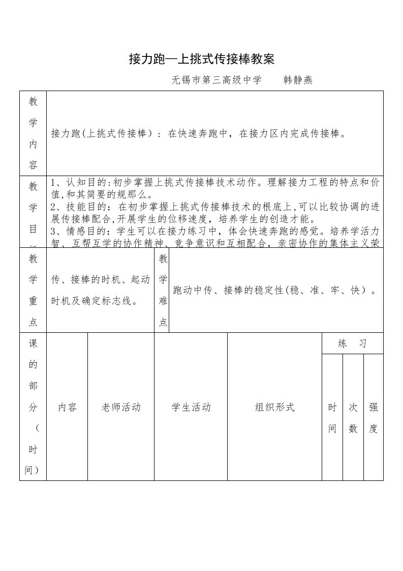 接力跑—上挑式传接棒教案