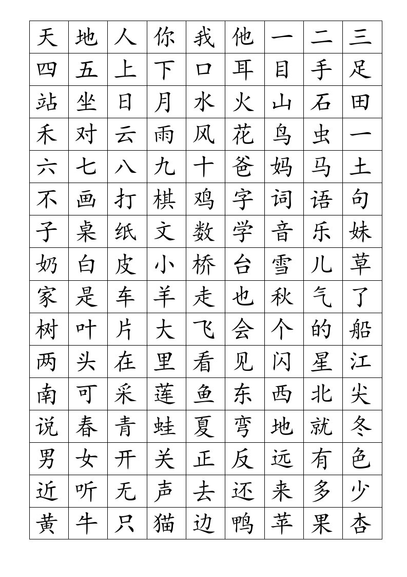 一年级上册识字表总表