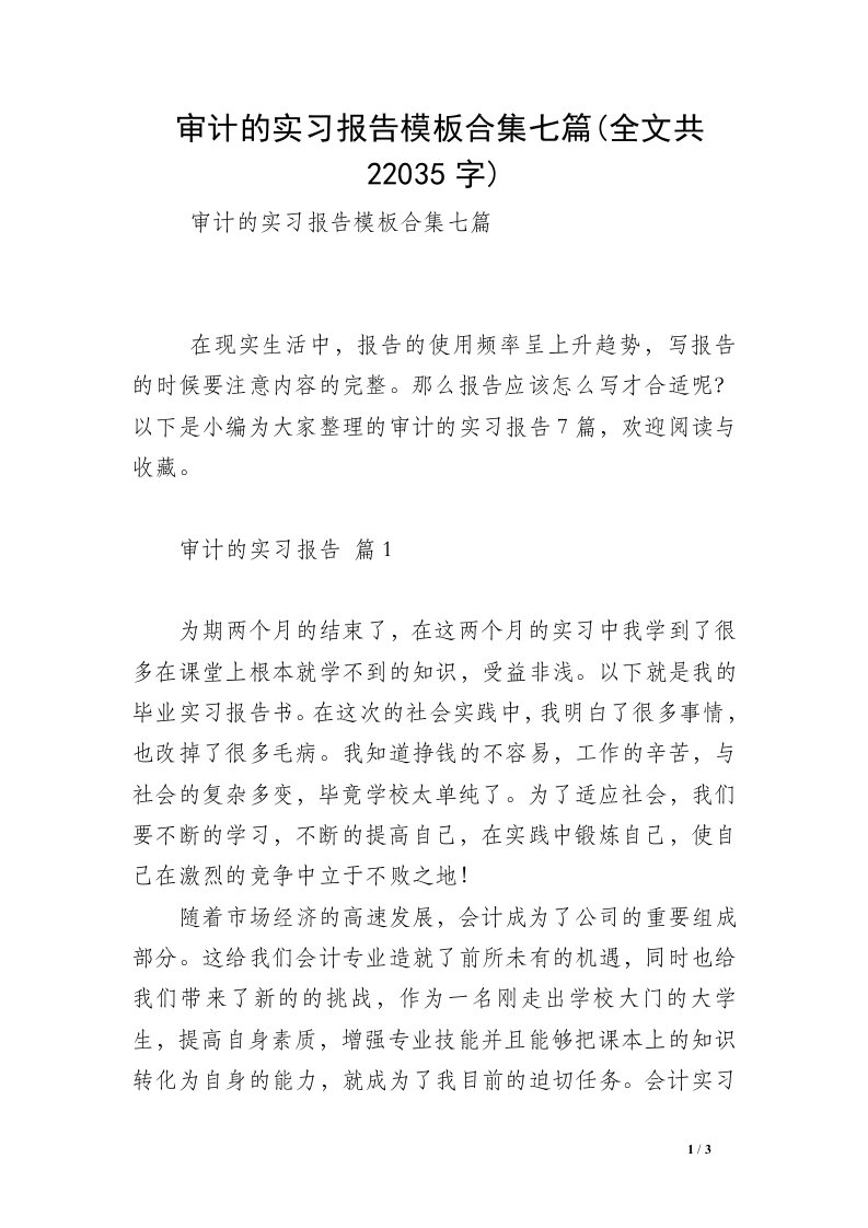 审计的实习报告模板合集七篇(全文共22035字)