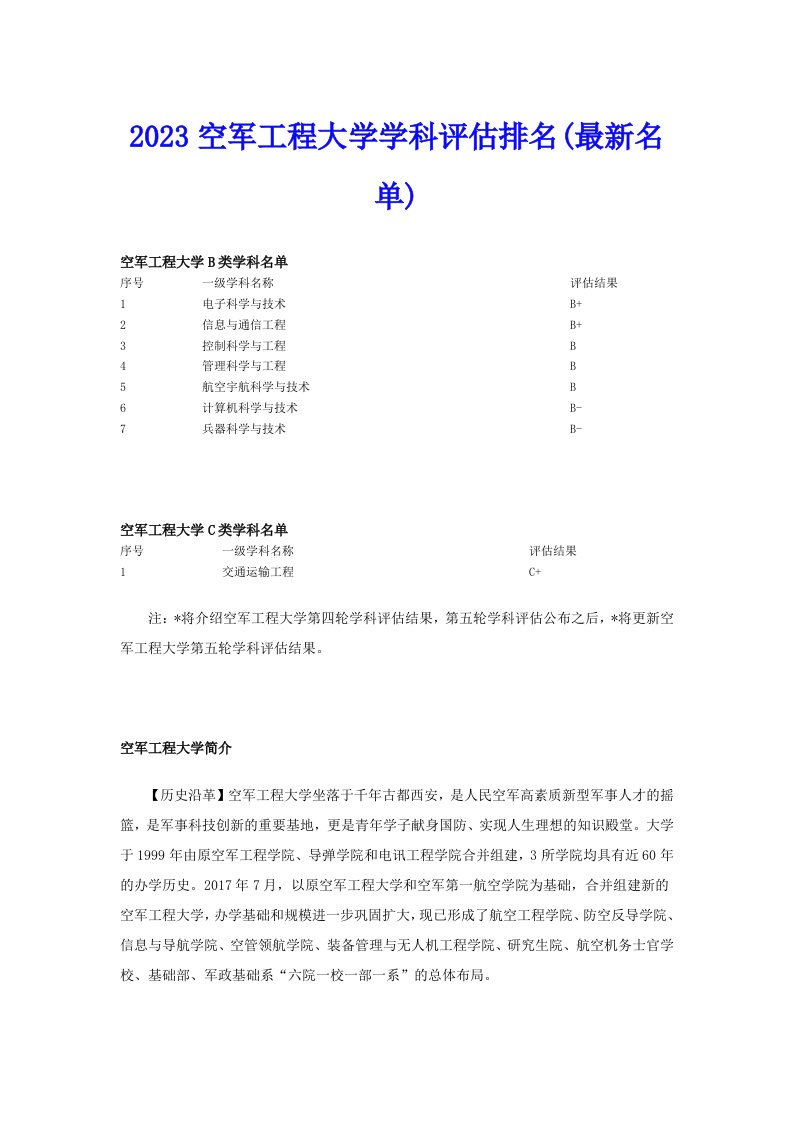 2023空军工程大学学科评估排名(最新名单)