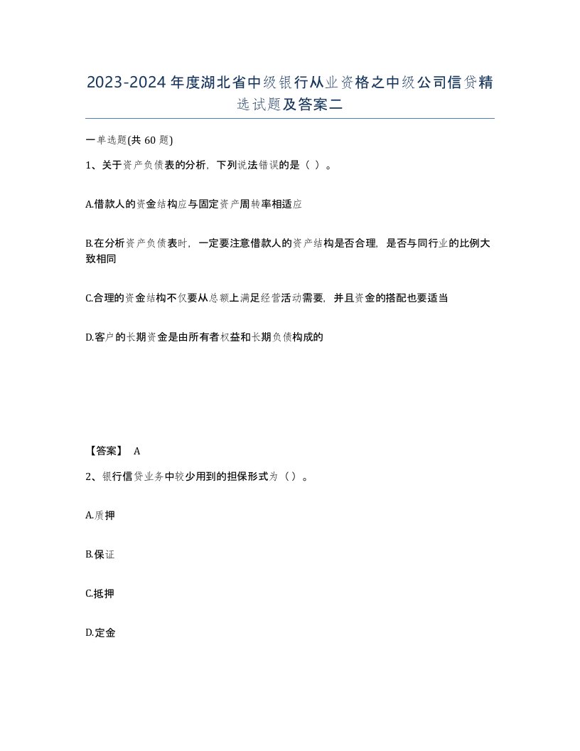 2023-2024年度湖北省中级银行从业资格之中级公司信贷试题及答案二