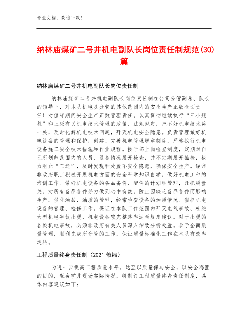 纳林庙煤矿二号井机电副队长岗位责任制规范(30)篇