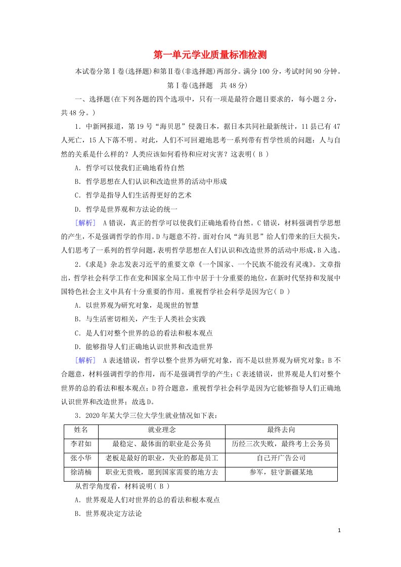 2020_2021学年高中政治第一单元生活智慧与时代精神单元质量标准检测作业含解析新人教版必修4