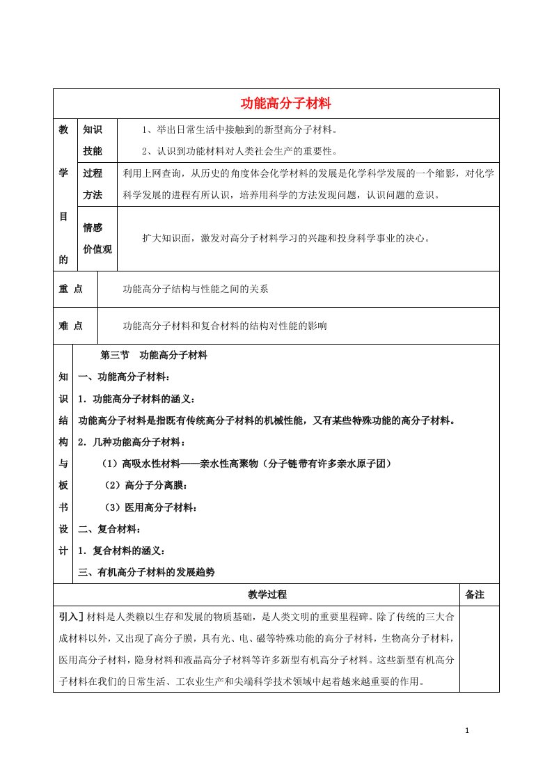 2021_2022年高中化学第五章进入合成有机高分子化合物的时代第3节功能高分子材料系列三教案新人教版选修5