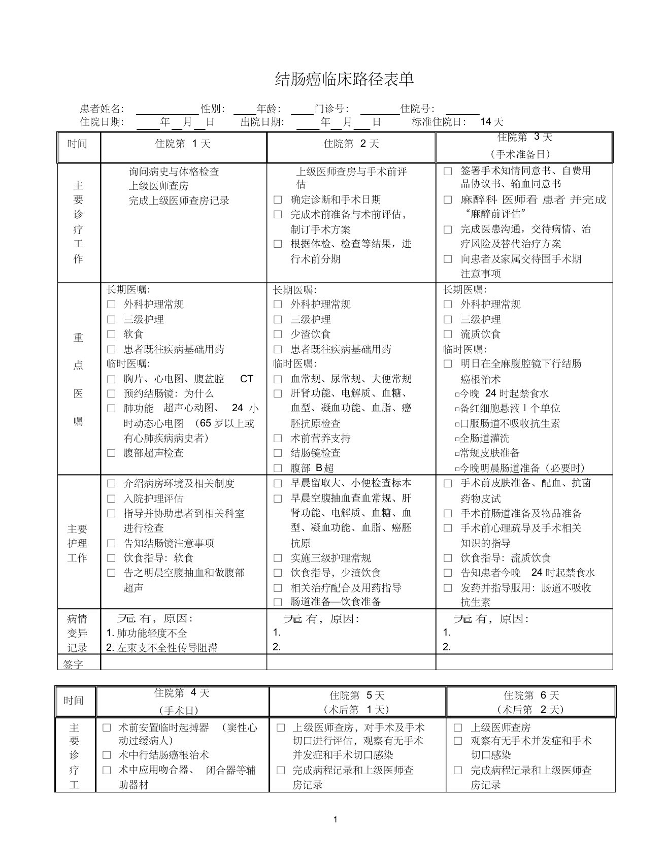 18.结肠癌临床路径表单