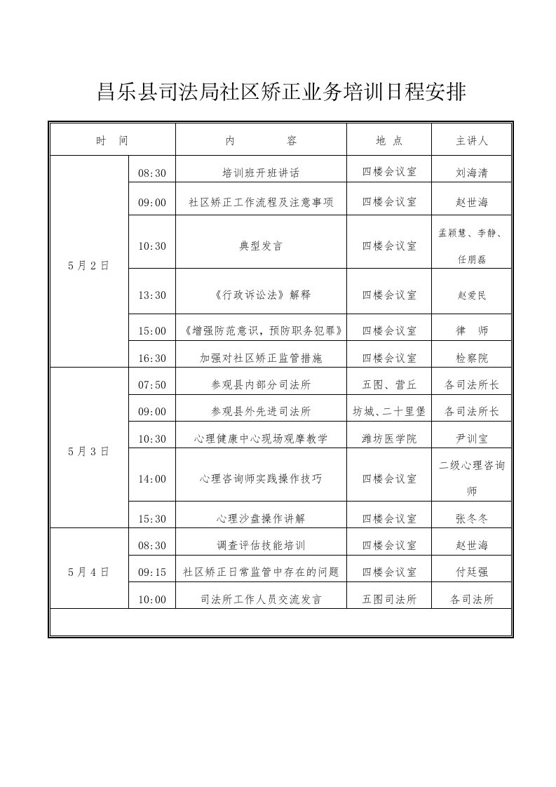 昌乐县司法局社区矫正业务培训日程安排