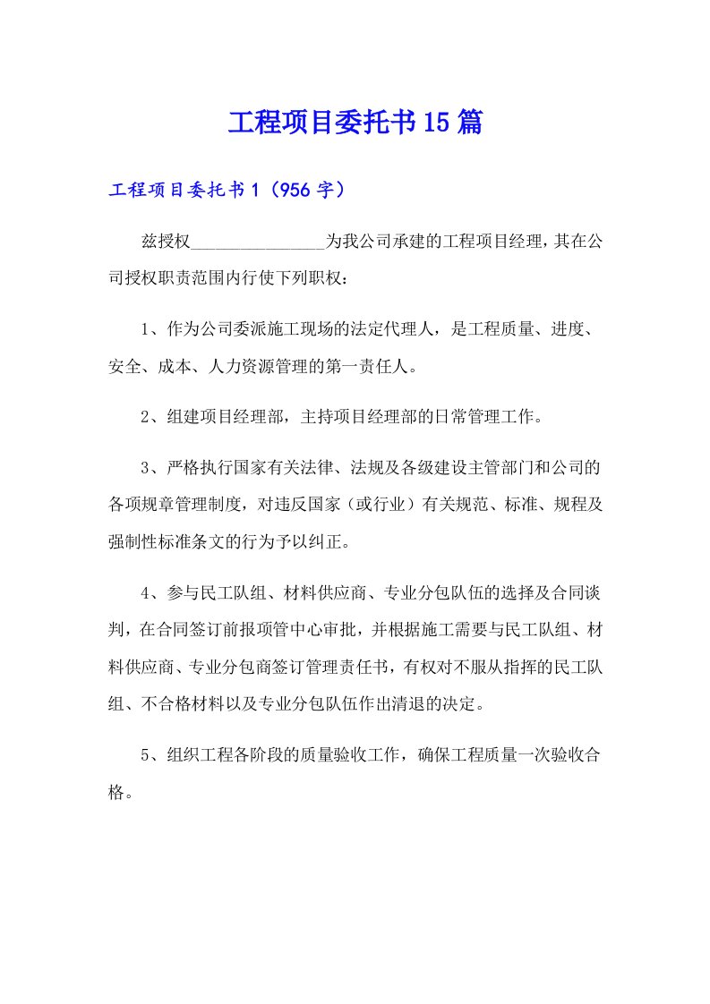 工程项目委托书15篇