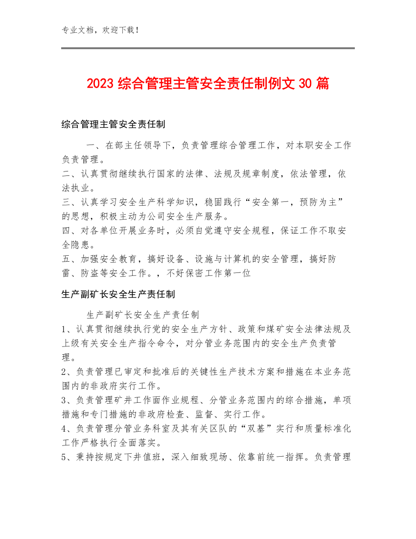 2023综合管理主管安全责任制例文30篇