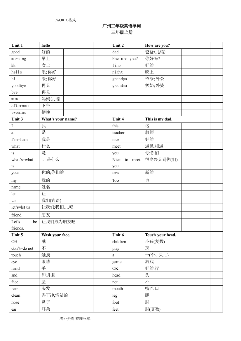 (完整word)广州版小学英语三至六年级单词表