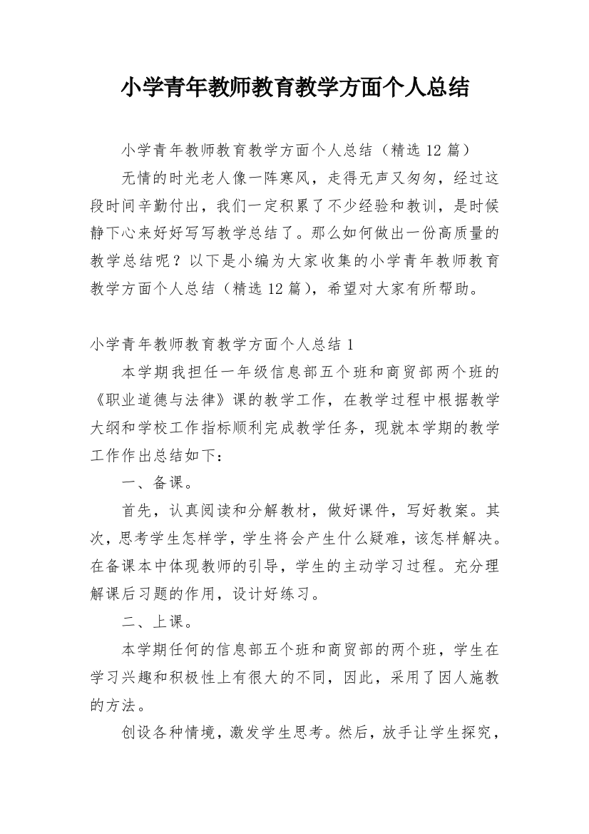 小学青年教师教育教学方面个人总结