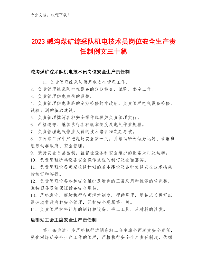 2023碱沟煤矿综采队机电技术员岗位安全生产责任制例文三十篇