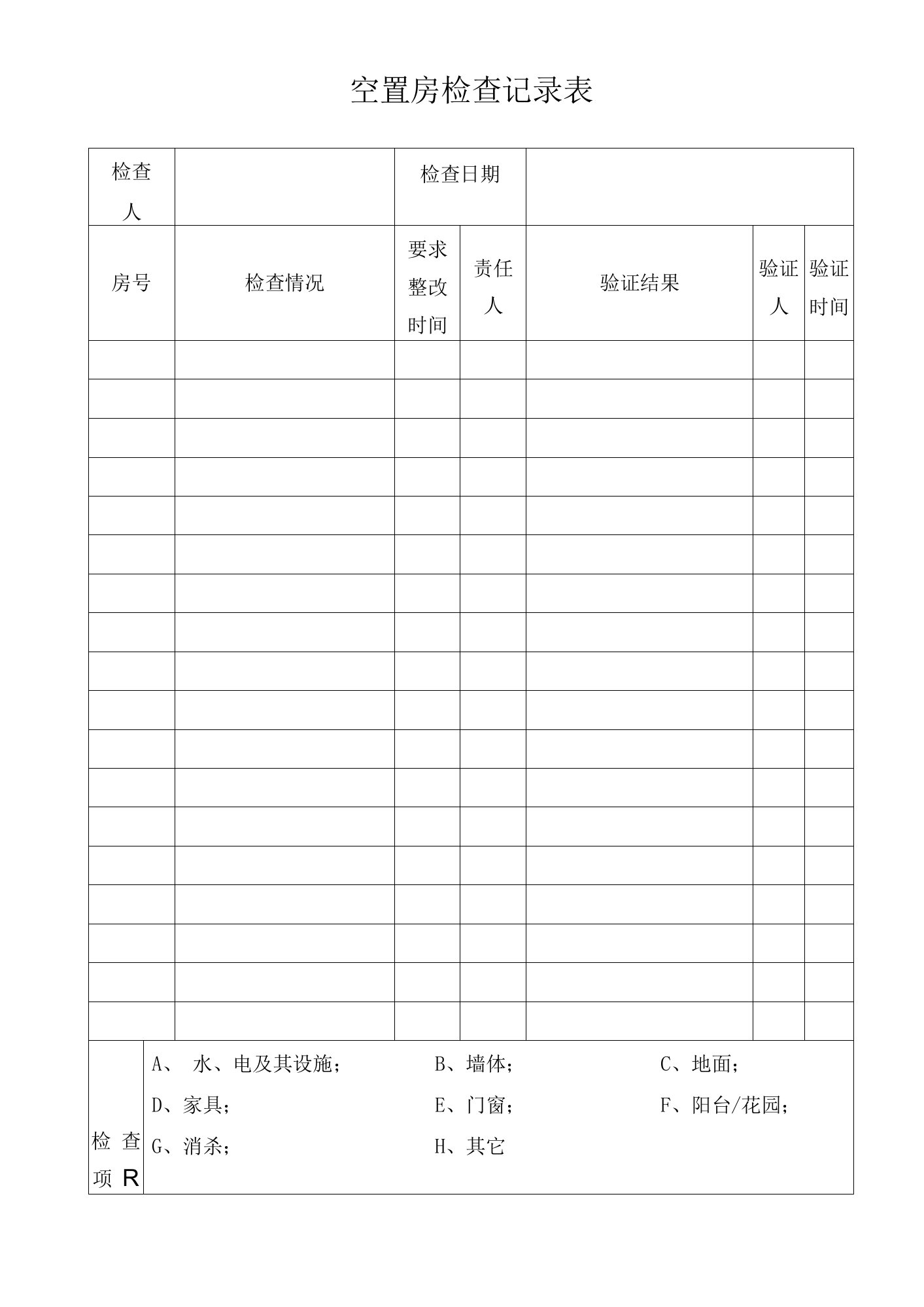 酒店式物业空置房检查记录表