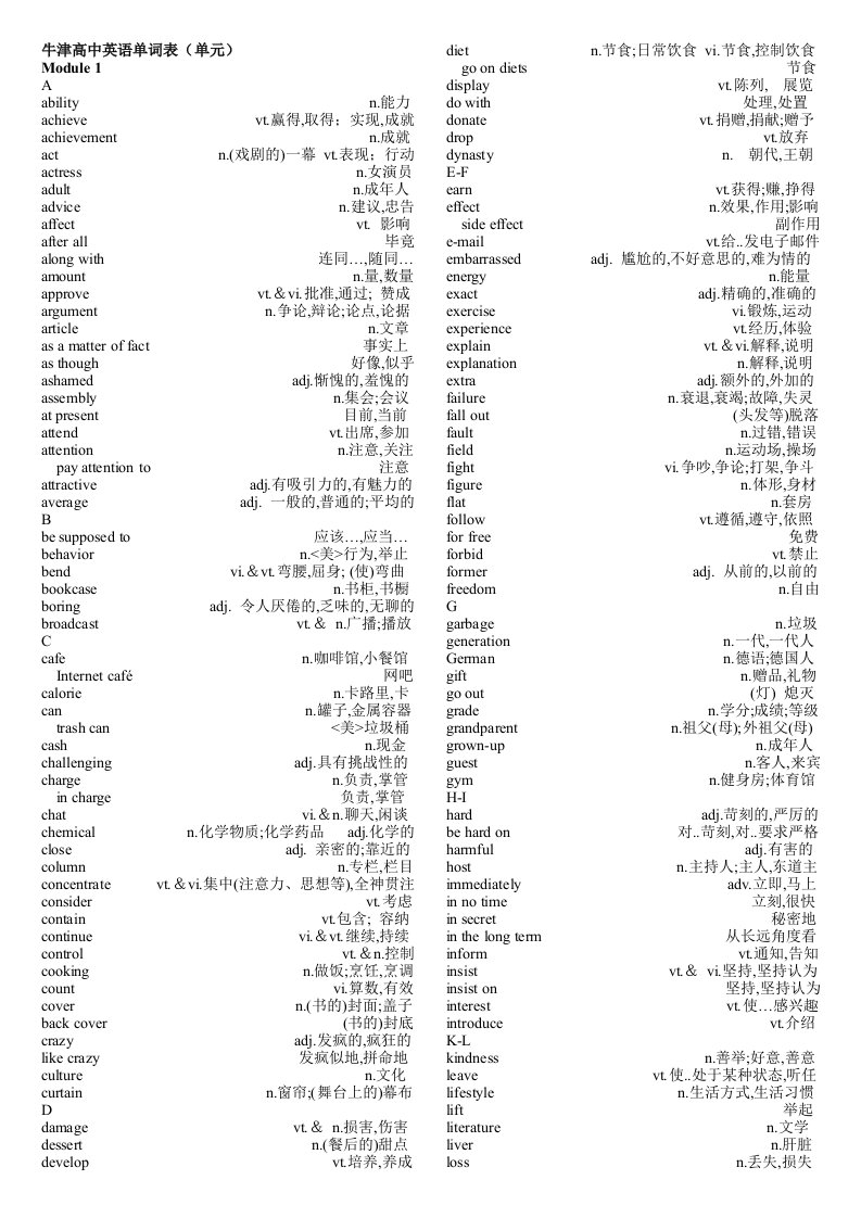 牛津高中英语单词表M1-M4