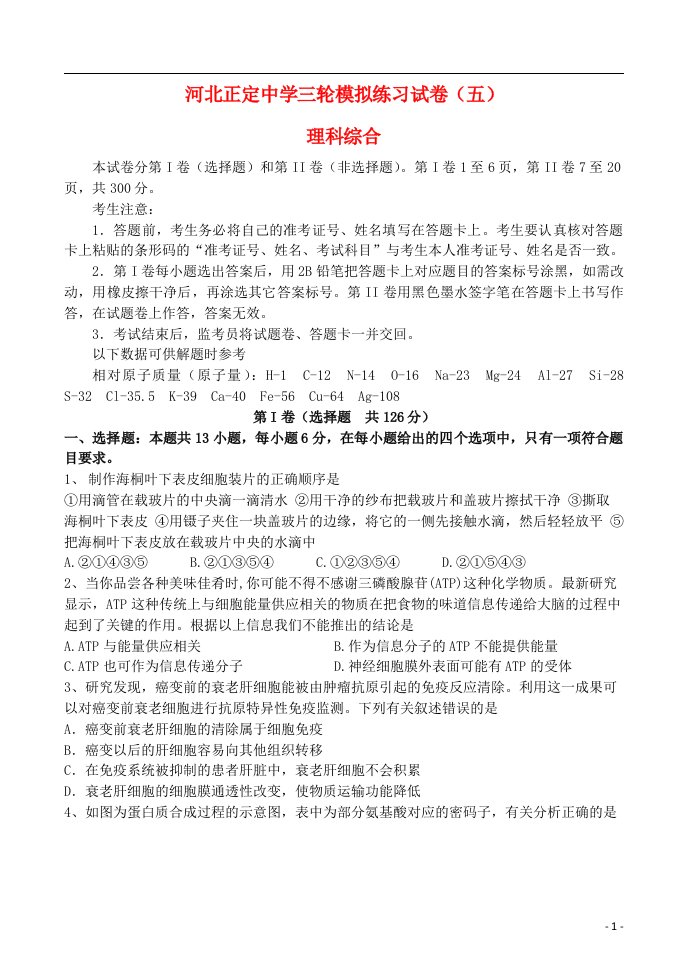 河北省正定中学高三理综三轮模拟练习试题（五）