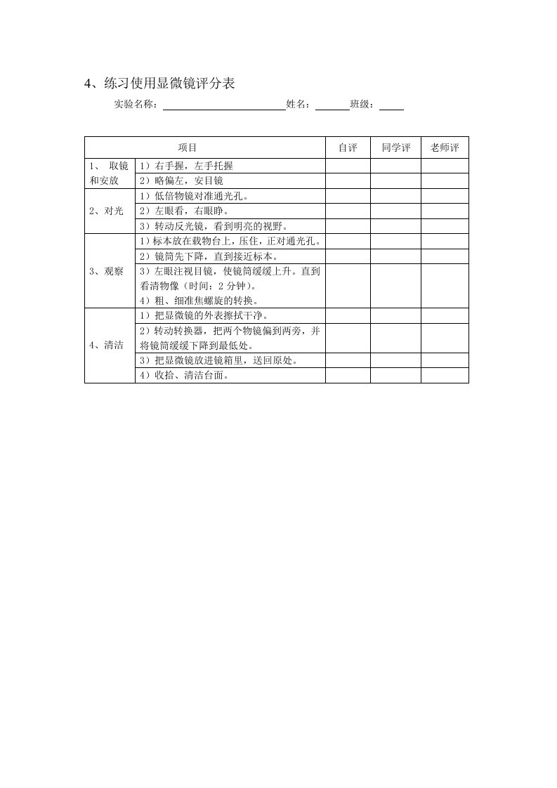 练习使用显微镜评分表