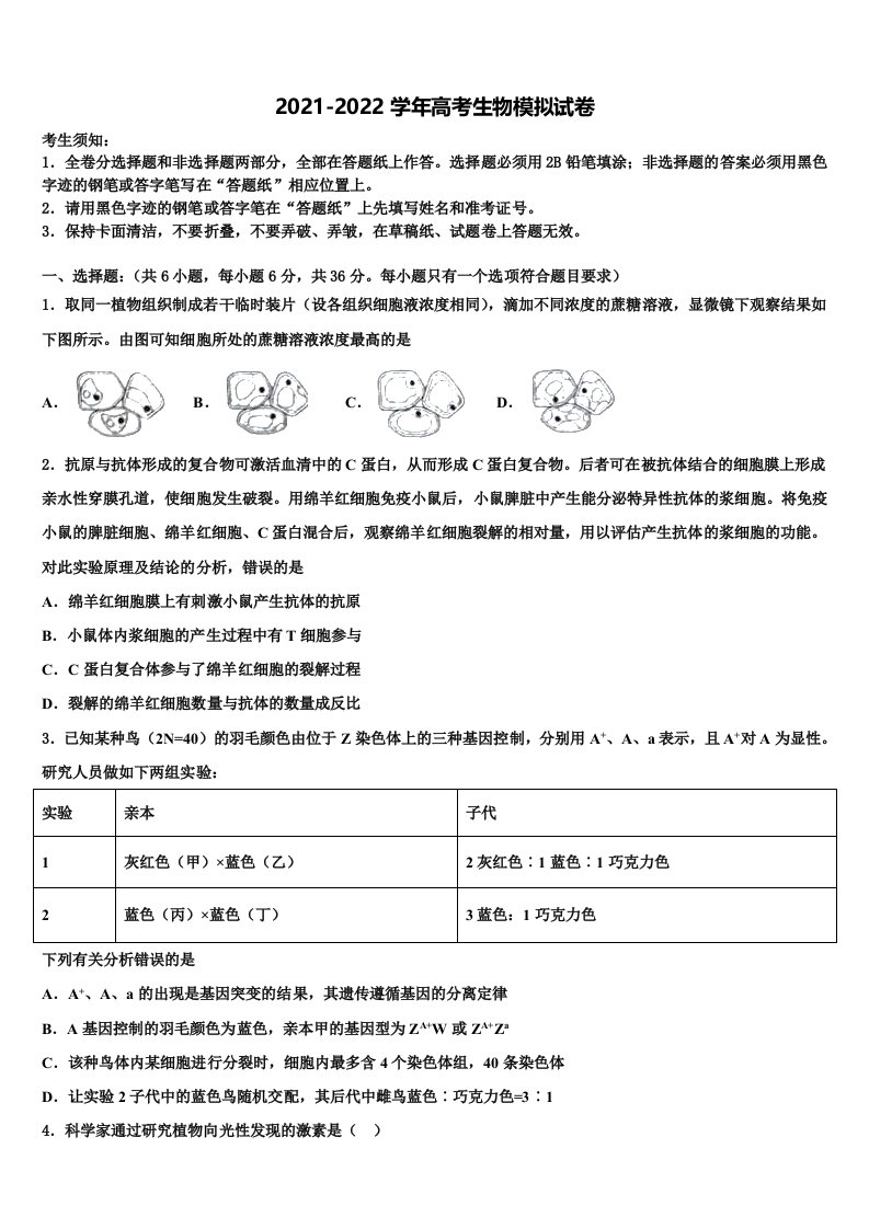 河南省郸城县第二高级中学2022年高三二诊模拟考试生物试卷含解析